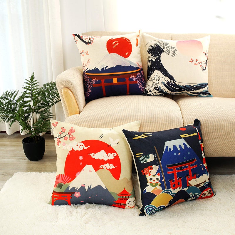 LIGICKY Set of 4 Farmhouse Japanese Style Decorative Throw Pillow Covers Fuji Mountain Print Linen Pillows for Couch Cushion Bed Outdoor Decor 18x18 Inch - Image 1
